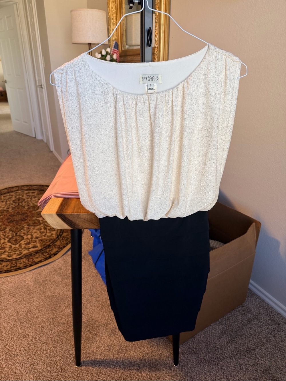 Enfocus Studio Cream Blouson Midi Dress with Black Skirt